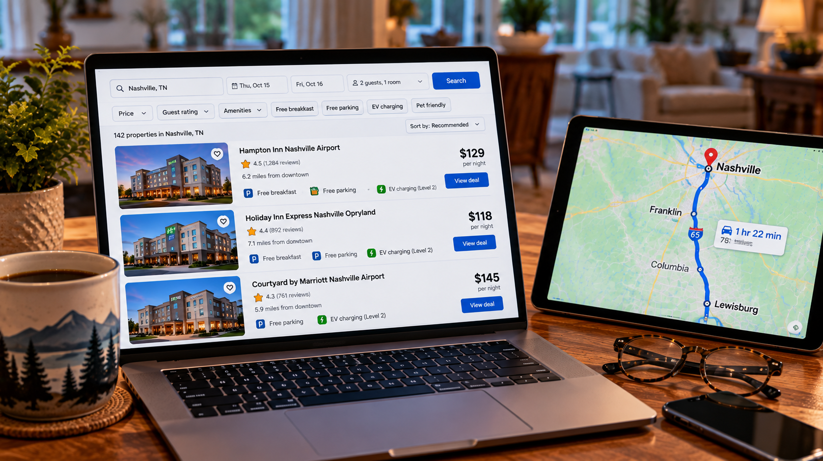 Laptop and tablet being used to compare several hotels in the same overnight area while planning an EV road trip.