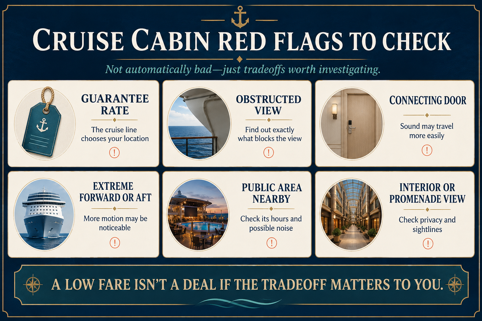 Cruise cabin booking infographic highlighting guarantee rates, obstructed views, connecting doors, motion-prone locations, nearby public areas and privacy considerations.
