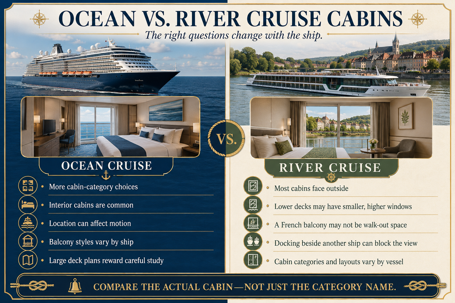 Comparison of ocean and river cruise cabins, including category choices, windows, balconies, ship location, deck plans and possible blocked views while docked.