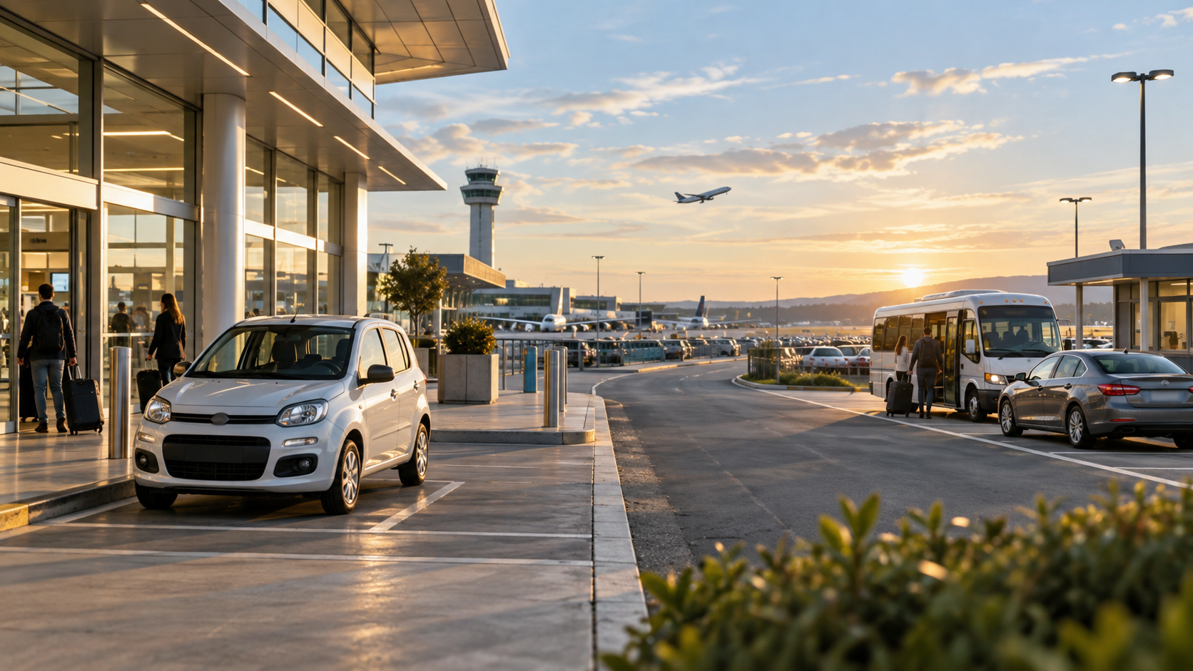 Small rental car beside an airport terminal contrasts with a midsize sedan reached by rental shuttle, illustrating how pickup location affects the value of an airport car rental.