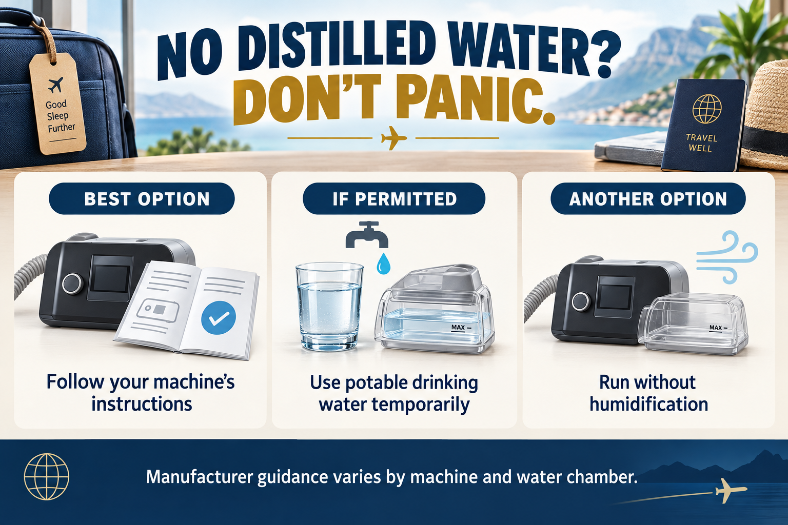 CPAP travel infographic showing three options when distilled water is unavailable: follow the machine’s instructions, temporarily use potable drinking water if permitted, or operate without humidification.