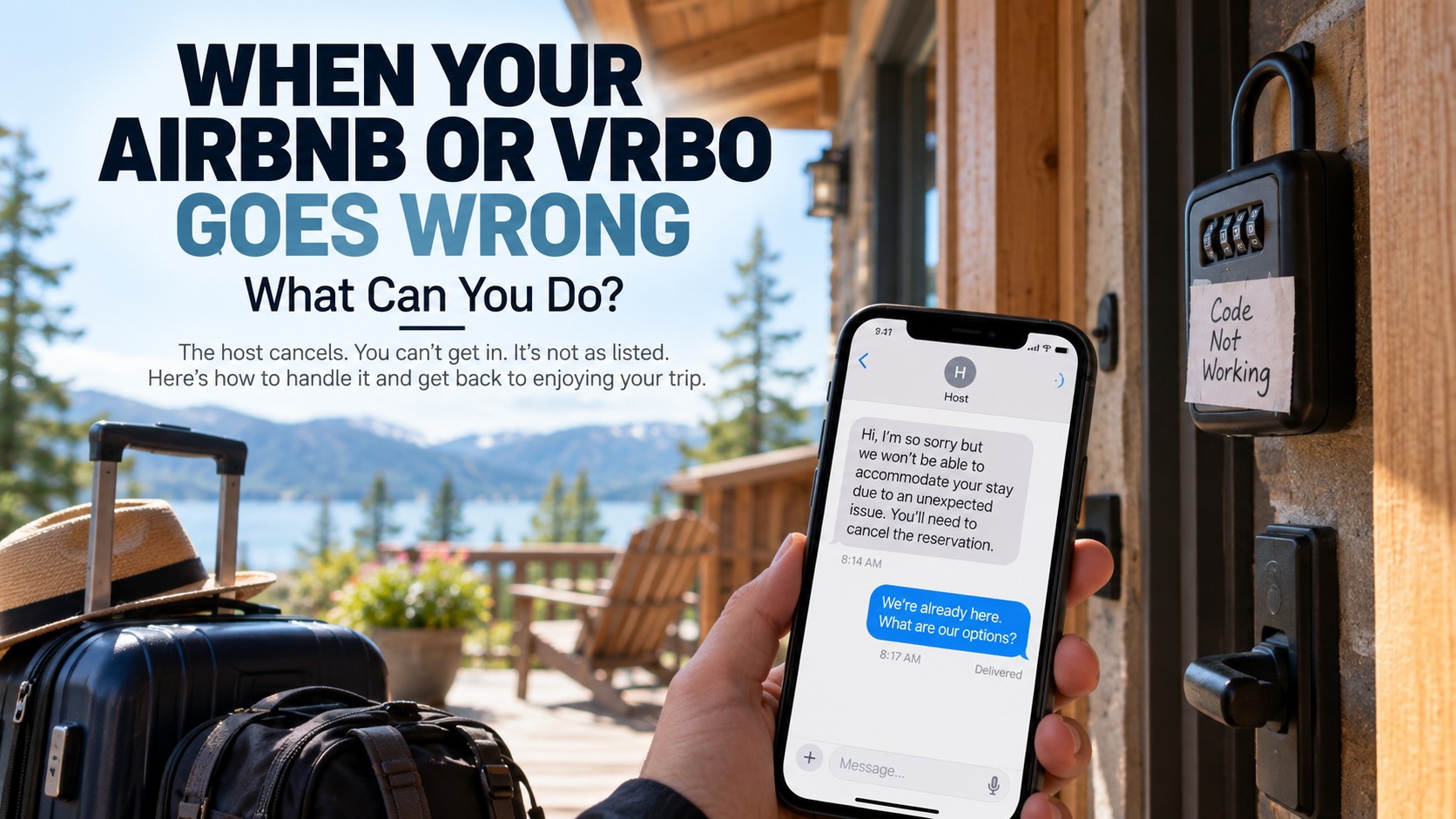 Travelers arriving at a vacation rental while checking a booking app on a phone, representing common Airbnb and Vrbo problems including access issues, host cancellations, missing amenities and properties that do not match their listings.