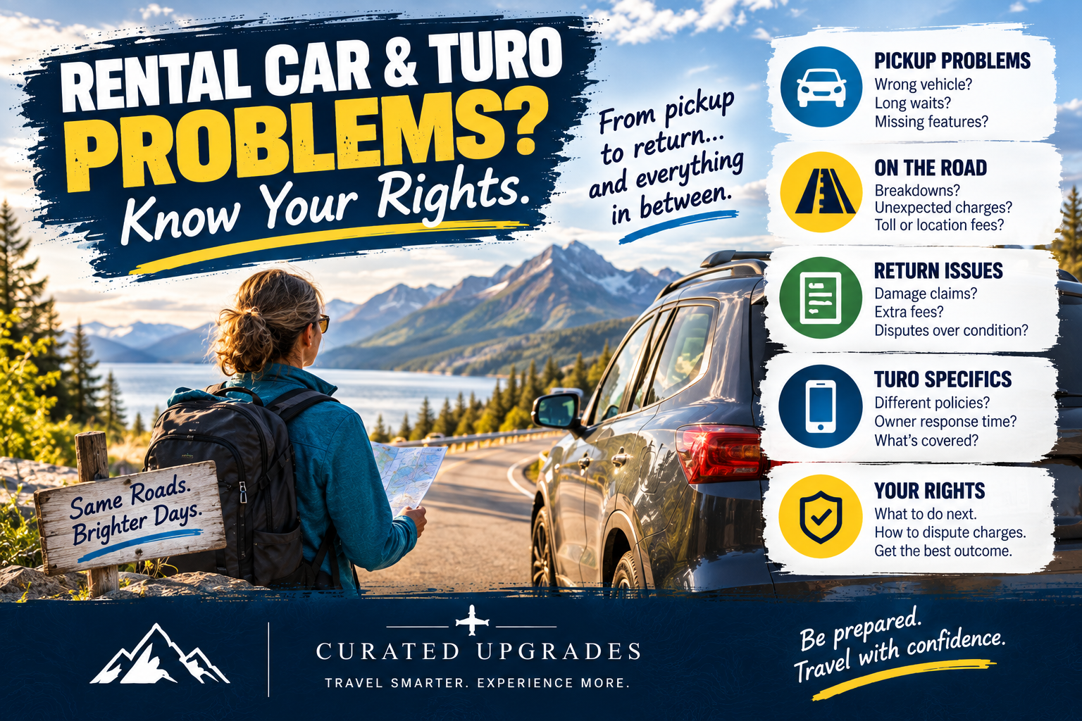 Curated Upgrades infographic showing common rental car and Turo problems from pickup through return, including unavailable vehicles, breakdowns, unexpected charges, damage disputes and Turo-specific issues.