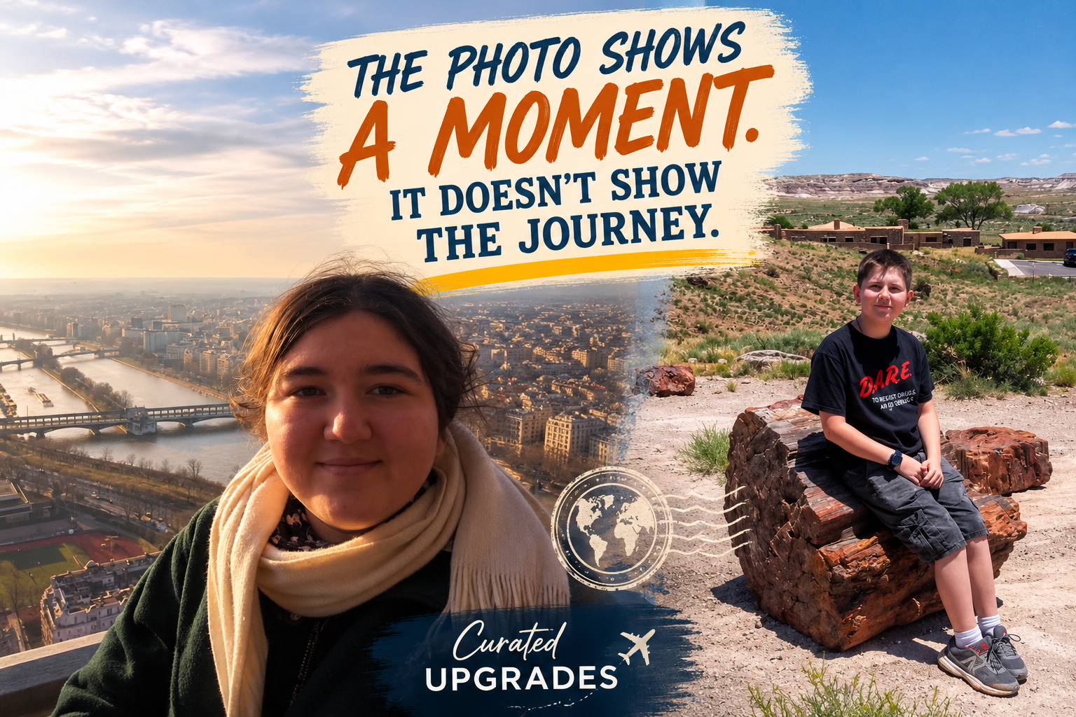 Two family travel photographs paired together, one overlooking Paris from the Eiffel Tower and another showing a child sitting among the landscape at Petrified Forest National Park in Arizona.