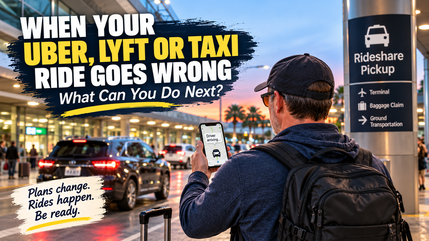 Traveler checking a rideshare app at an airport pickup area while waiting for an Uber, Lyft or taxi, illustrating what travelers can do when a ride goes wrong.