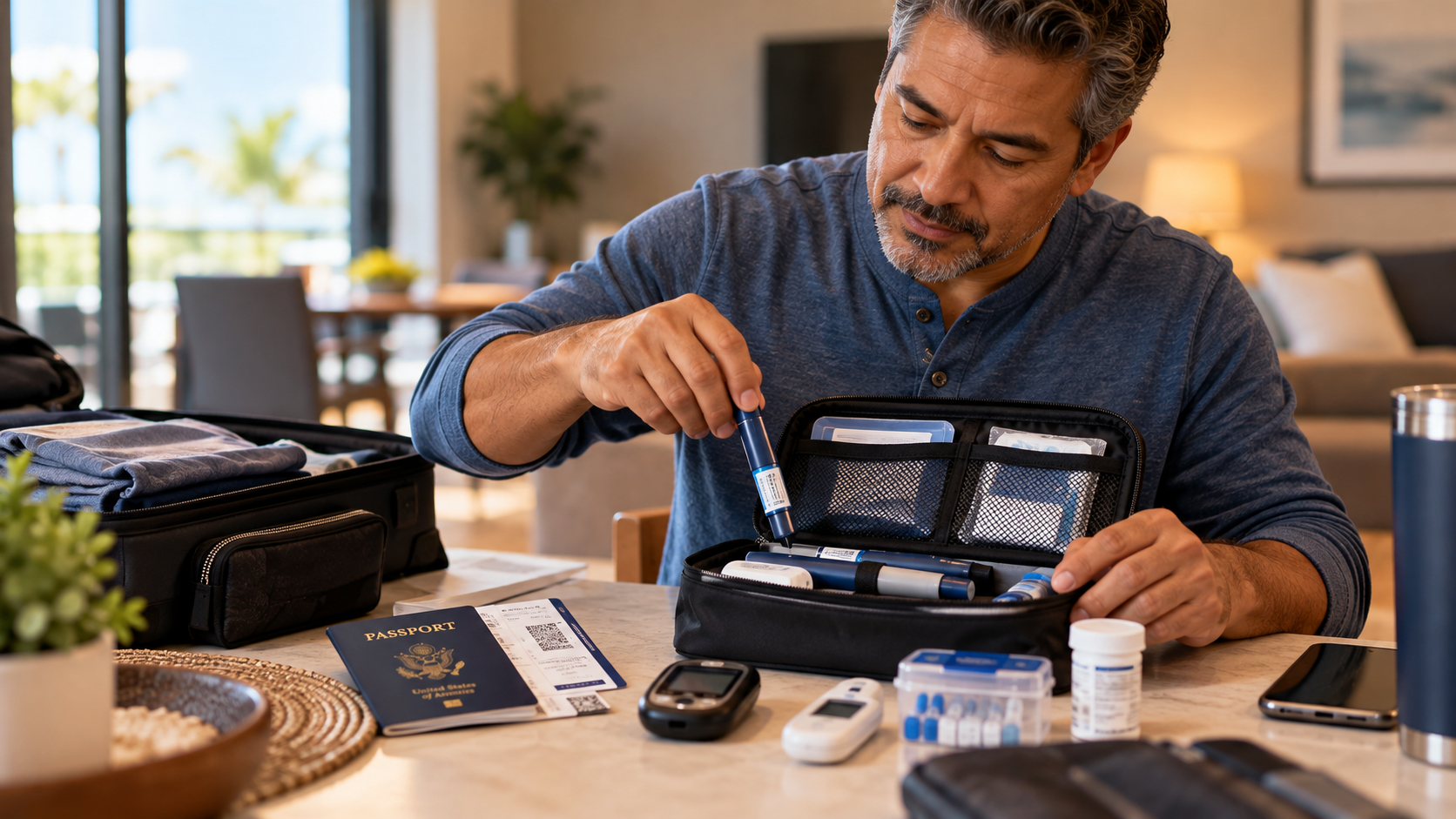A middle-aged traveler organizes insulin pens and diabetes supplies in a travel case at home before leaving on a trip