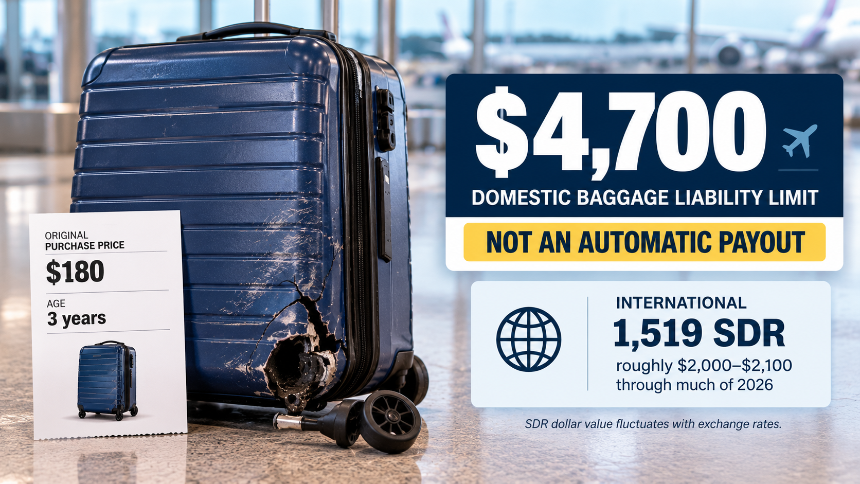 Damaged suitcase beside an infographic comparing the $4,700 domestic airline baggage liability ceiling with the 1,519 SDR international limit.