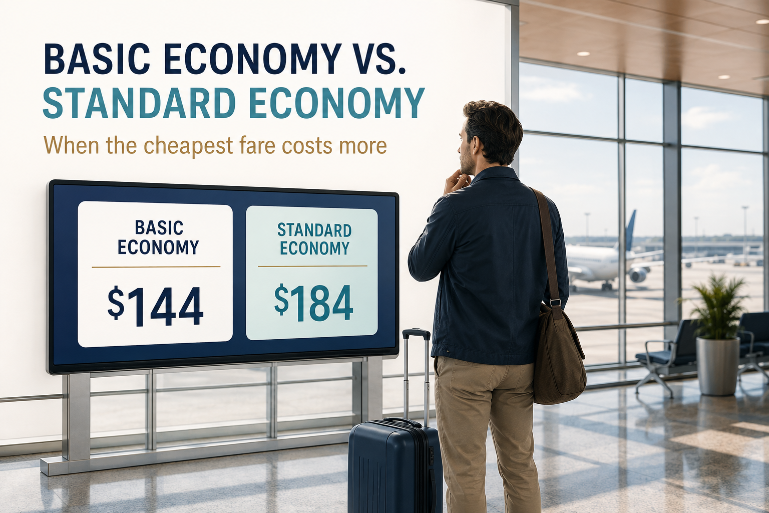 Traveler in an airport comparing a $144 Basic Economy fare with a $184 Standard Economy fare before deciding which ticket offers better value.