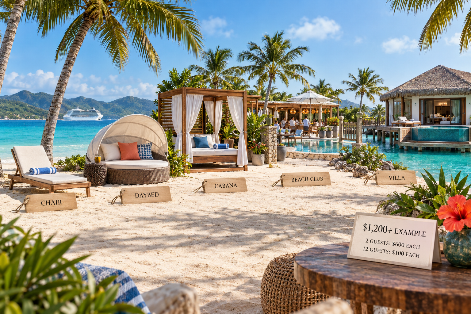 Beach-upgrade progression from a standard lounge chair through a daybed, cabana and beach club to a private villa, with an example showing how a $1,200 rental divides between two or 12 guests.