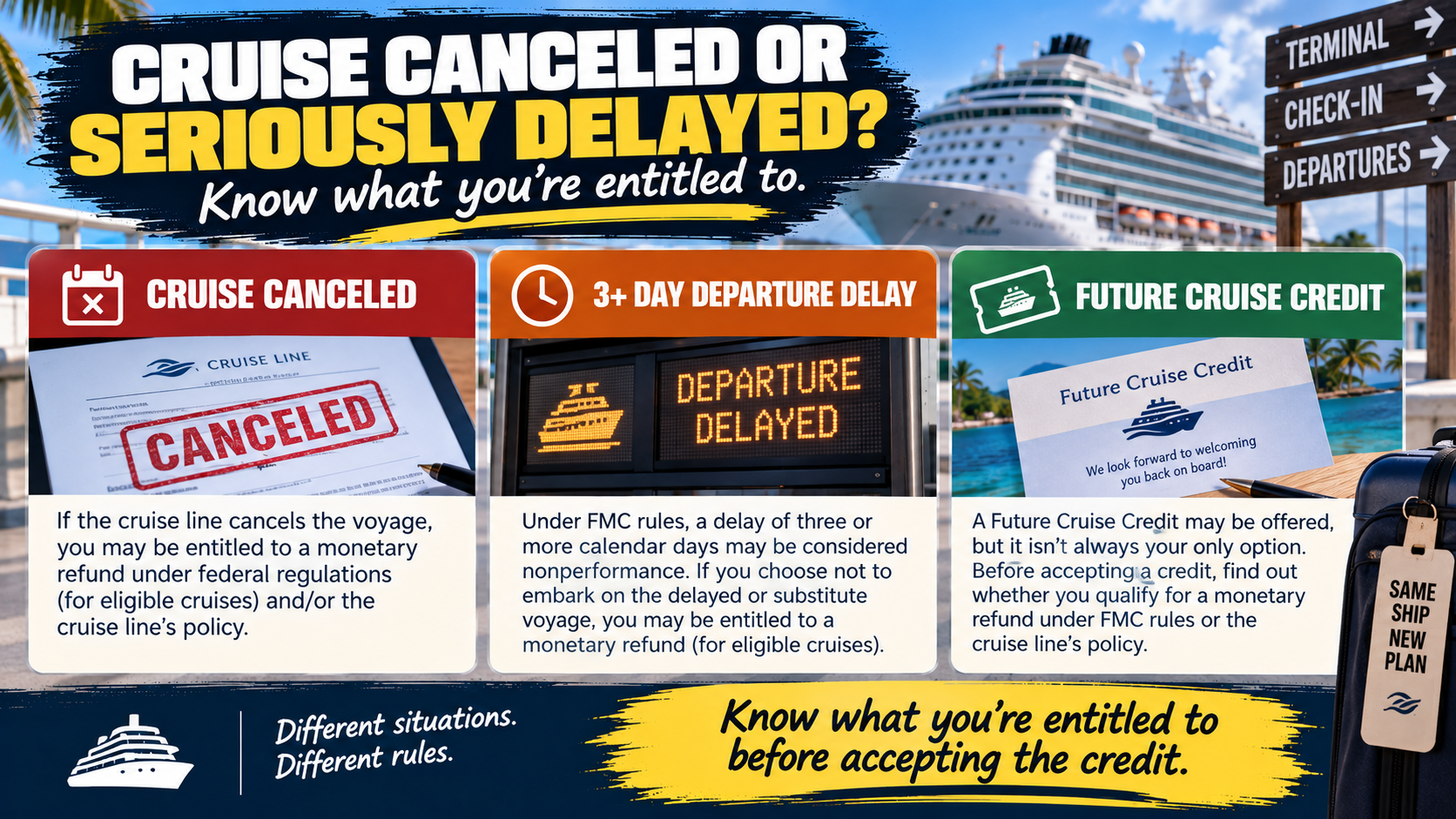 Cruise refund infographic comparing a canceled cruise, a departure delayed three or more calendar days and a Future Cruise Credit.