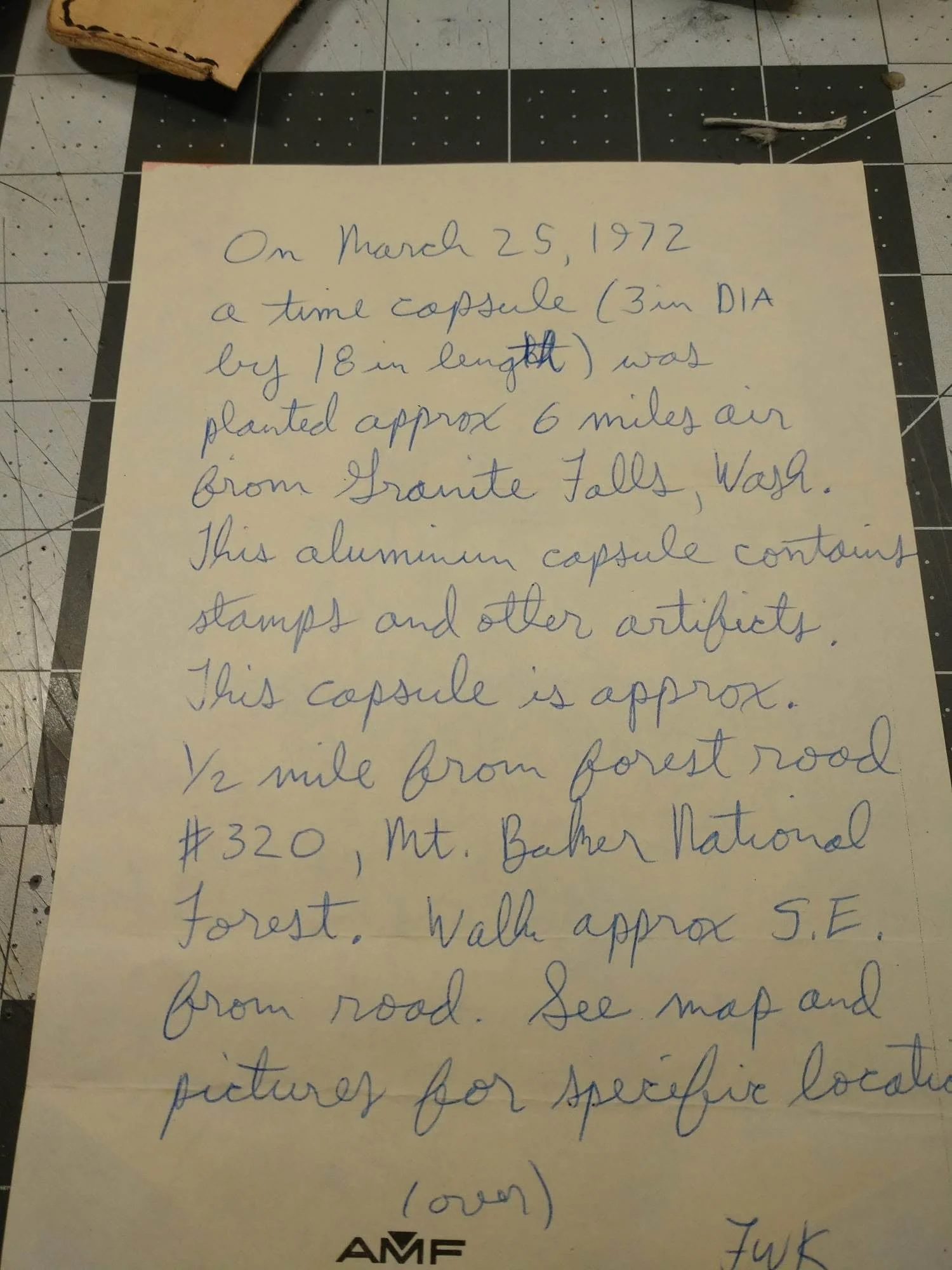 Handwritten 1972 directions describing where Gina's father had hidden a family time capsule in Washington.