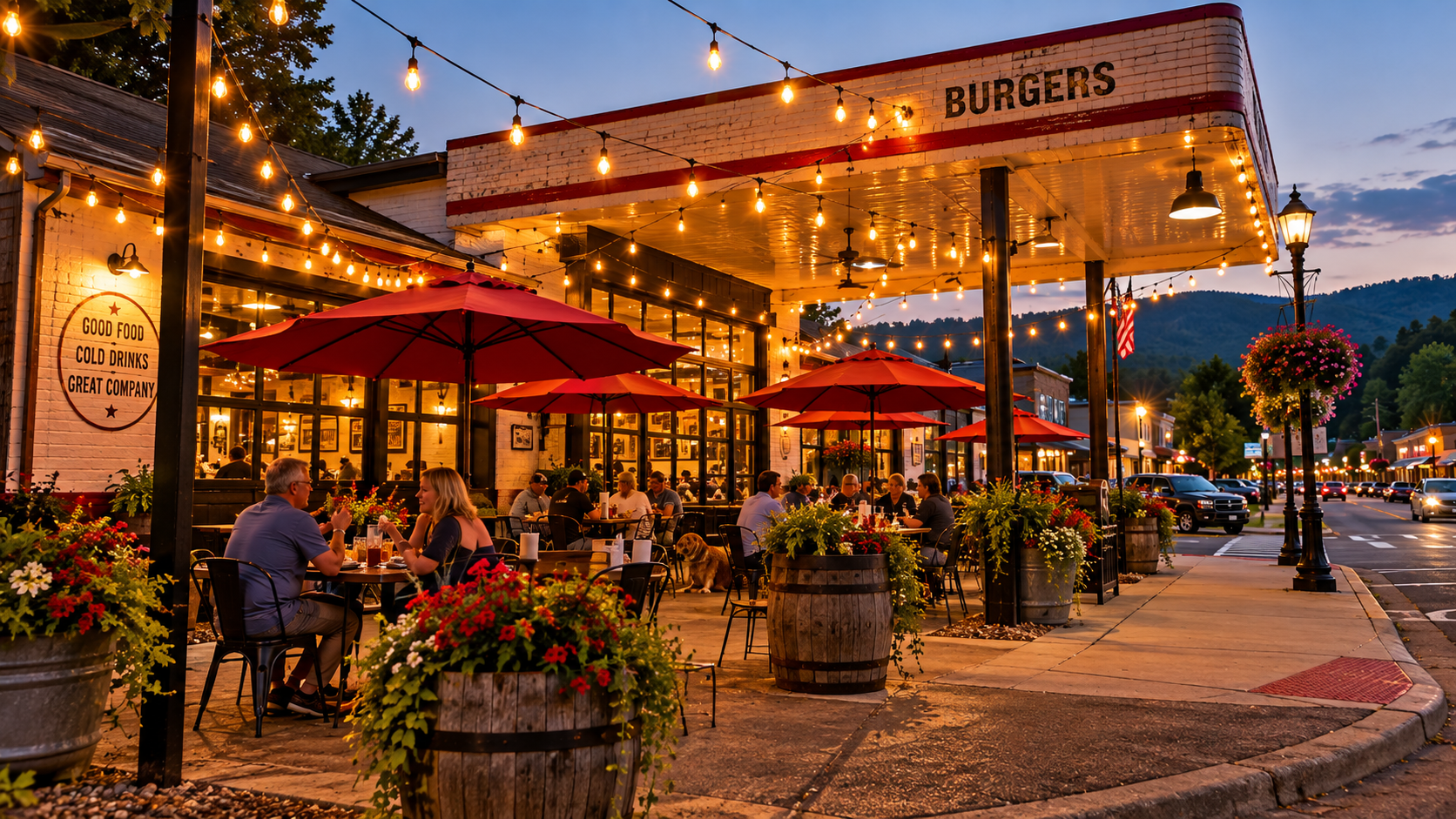 Former corner gas station converted into a casual burger restaurant with outdoor dining, umbrellas and warm string lights in a small North Georgia town.