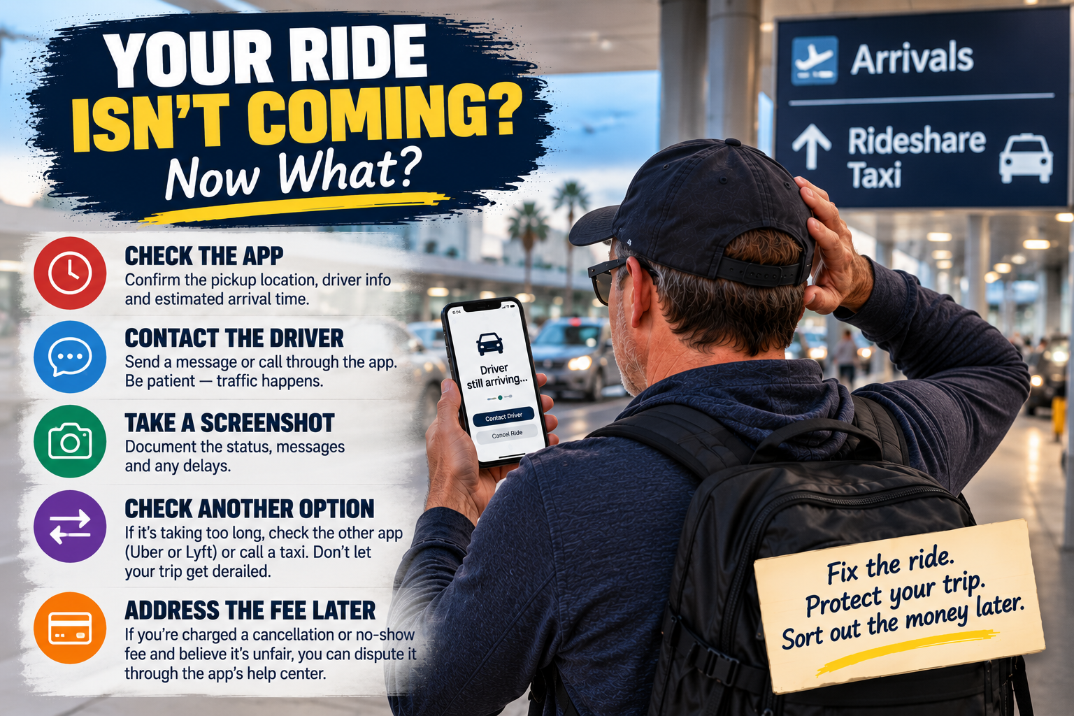 Traveler waiting at an airport rideshare pickup area with steps to check the app, contact the driver, take screenshots, check another rideshare or taxi and address any cancellation fee later.