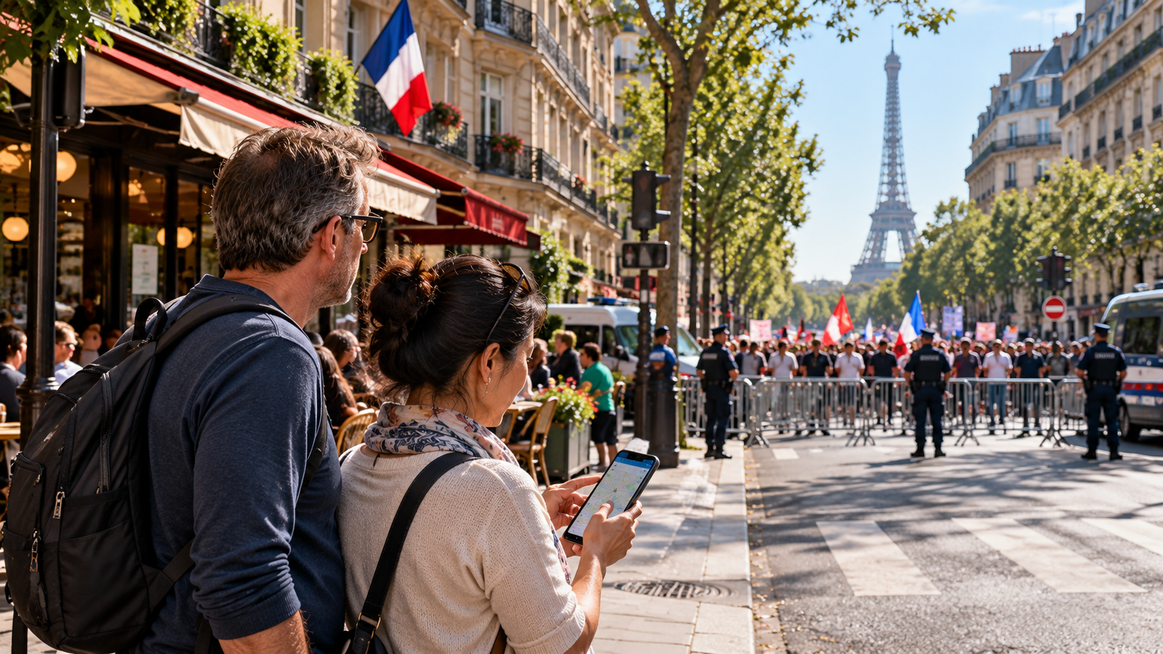 Couple sightseeing in Paris checking directions near a temporarily closed street, with police barriers, a demonstration, French flags, and the Eiffel Tower visible in the distance.