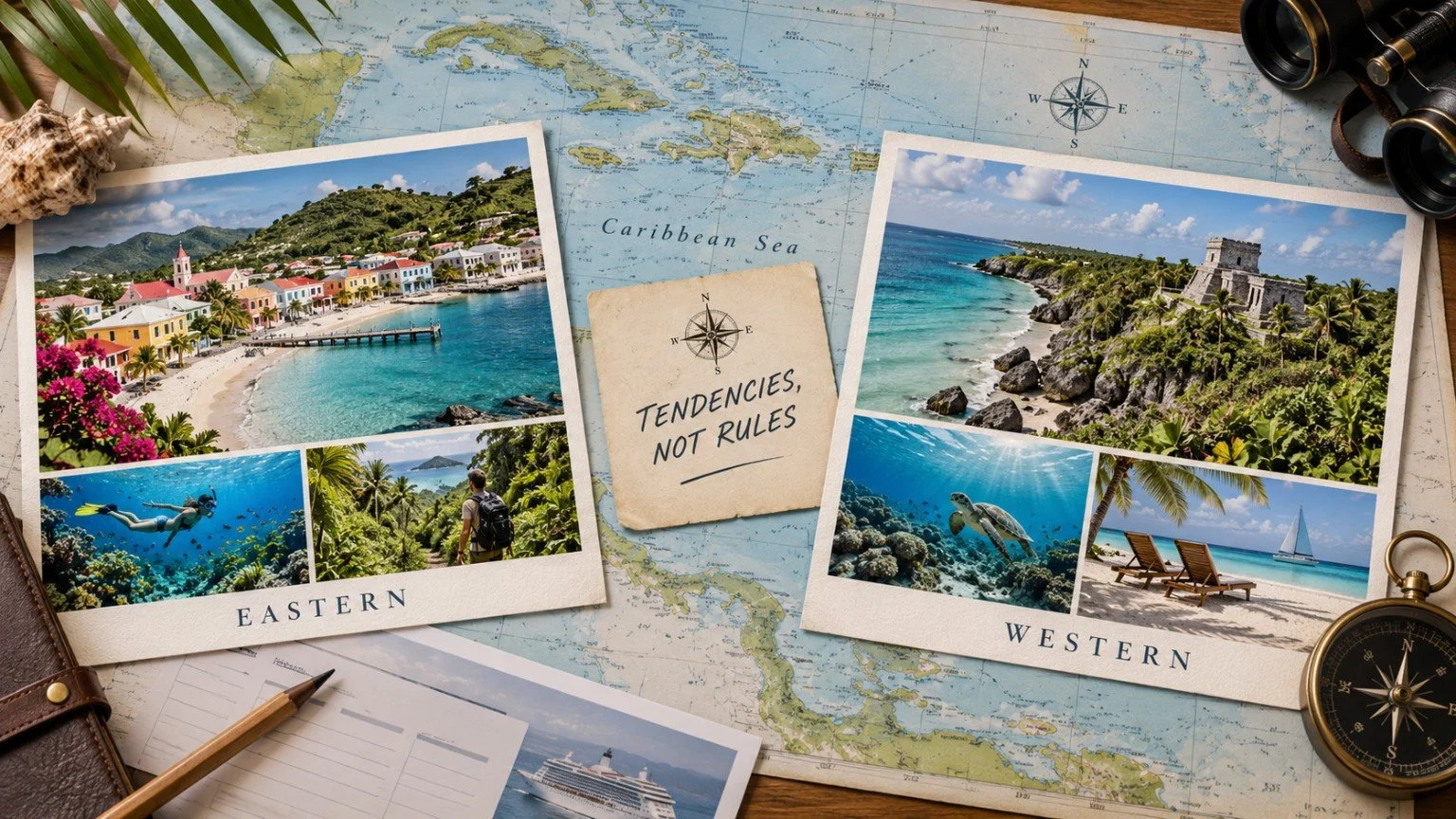 Caribbean cruise comparison showing overlapping Eastern and Western experiences including beaches, snorkeling, sailing, ruins and island towns.