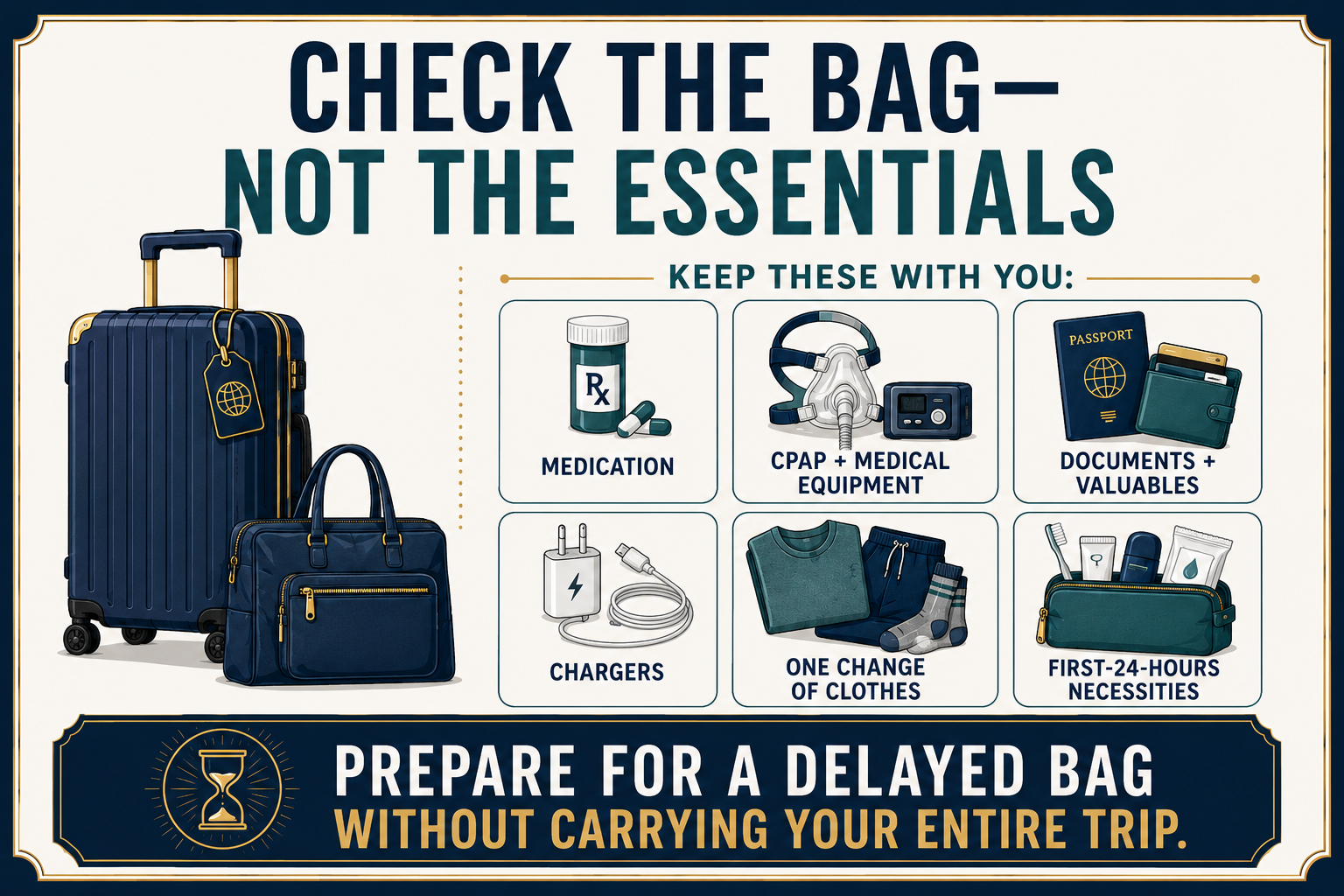 Checked suitcase and personal bag with reminders to keep medication, CPAP and medical equipment, documents, valuables, chargers, one change of clothes and first-day necessities in the cabin.
