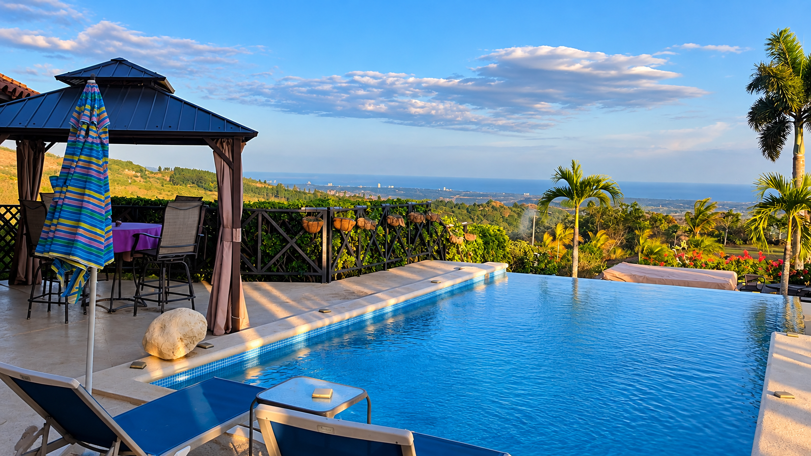Infinity pool at Hawk’s Nest overlooking the mountains and distant Pacific coast near La Laguna, Panama.