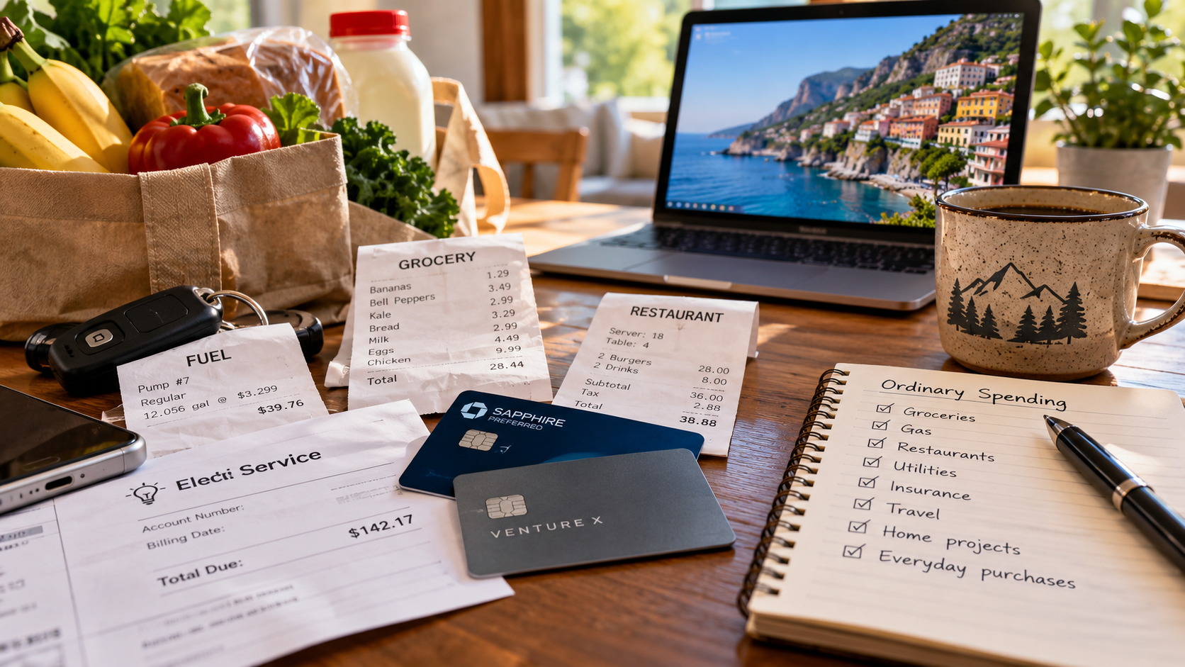Everyday household expenses including groceries, fuel, dining and utilities alongside travel rewards credit cards, illustrating how ordinary spending can earn points toward future travel.