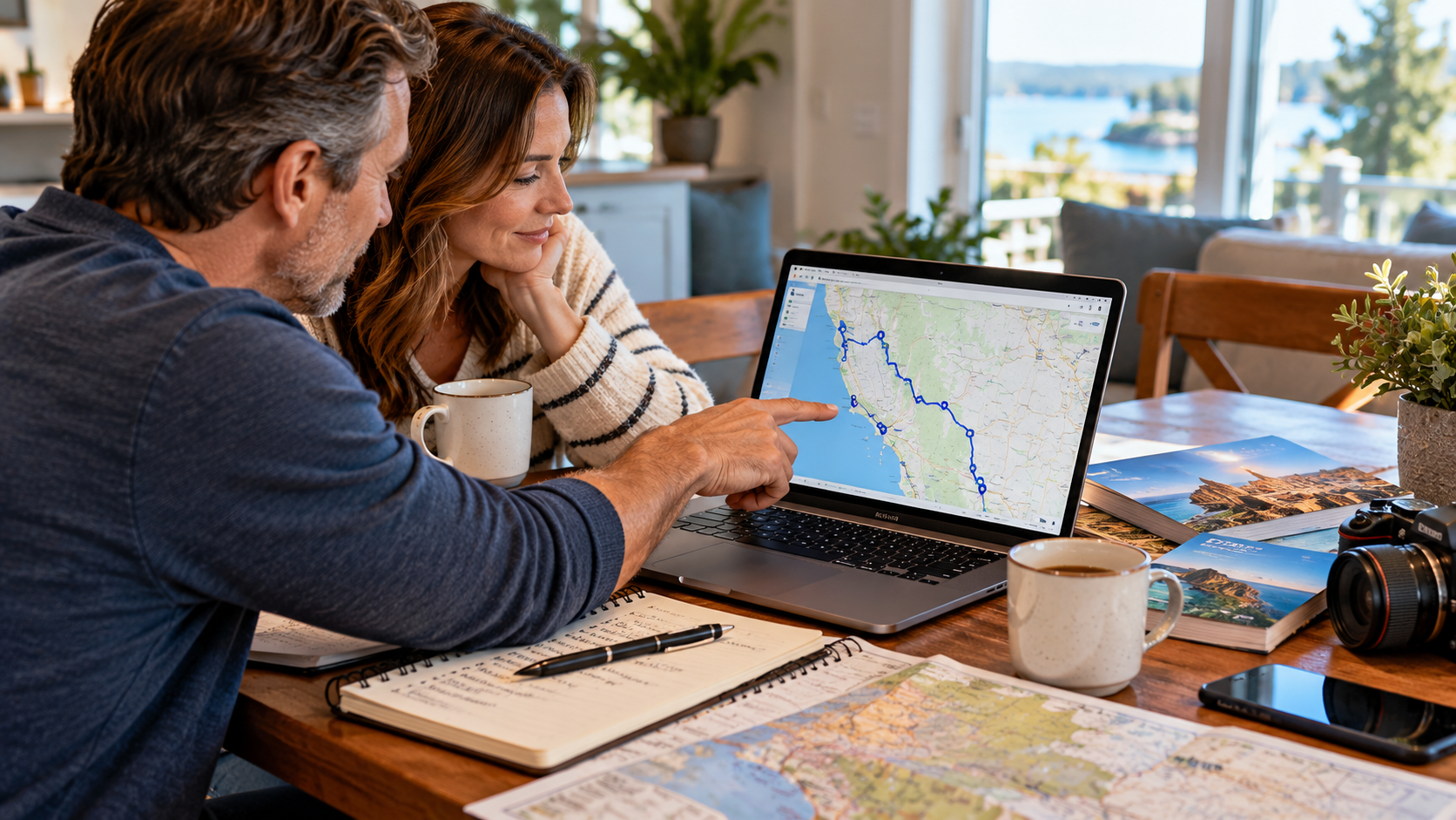 Couple reviewing a road trip route on a laptop at a kitchen table with maps, notes, and coffee, planning their itinerary before selecting a rental car.