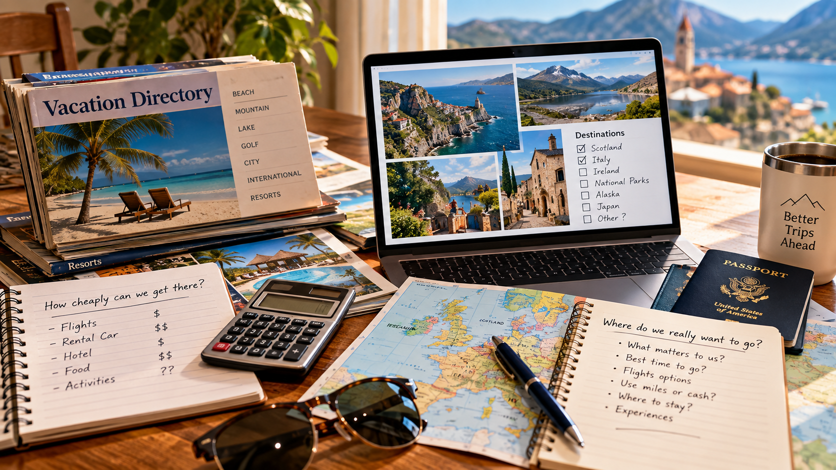 Travel planning table with an old vacation directory, maps, calculator and laptop showing the shift from bargain-first travel to choosing destinations and experiences that matter.