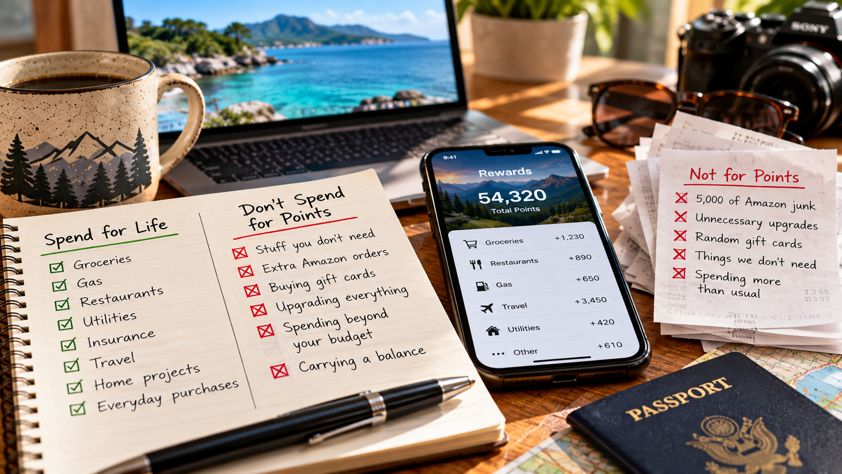 Travel rewards planning graphic contrasting ordinary expenses such as groceries, gas, restaurants, utilities and travel with unnecessary purchases made only to earn additional credit-card points.