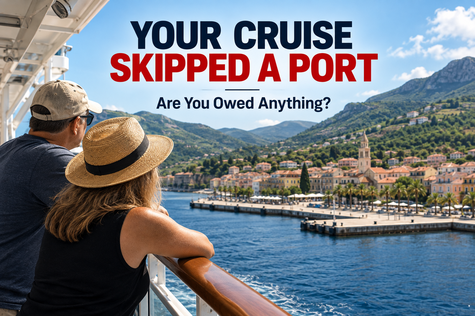 Cruise passengers looking toward a coastal port from the ship with text reading Your Cruise Skipped a Port: Are You Owed Anything?
