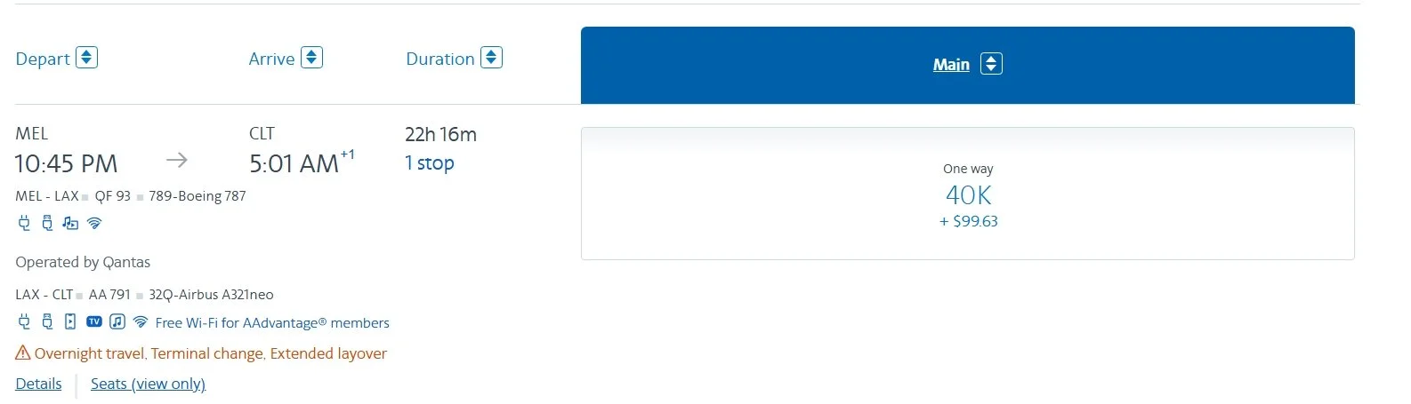 American Airlines fares from Melbourne to Charlotte showing economy at $1,263, premium economy at $3,142 and business at $7,467.