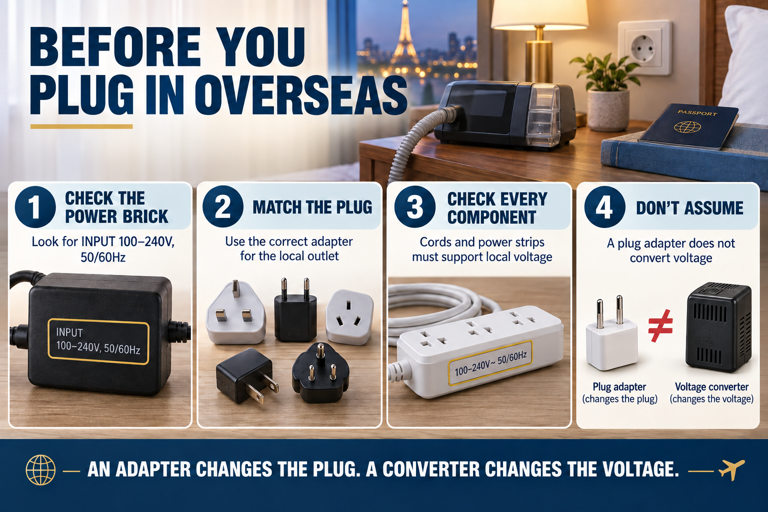 International CPAP power infographic advising travelers to check for a 100–240V power supply, use the correct plug adapter, verify every cord’s voltage rating and remember that a plug adapter does not convert voltage.
