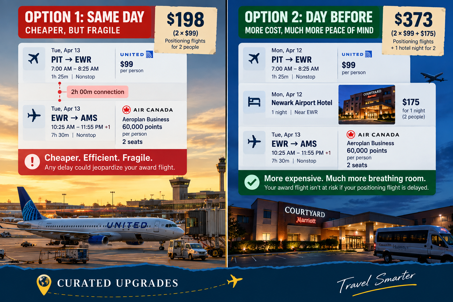 Side-by-side comparison of a same-day Pittsburgh-to-Newark positioning flight with a tight connection and a more expensive plan that flies to Newark the day before and adds an airport hotel.