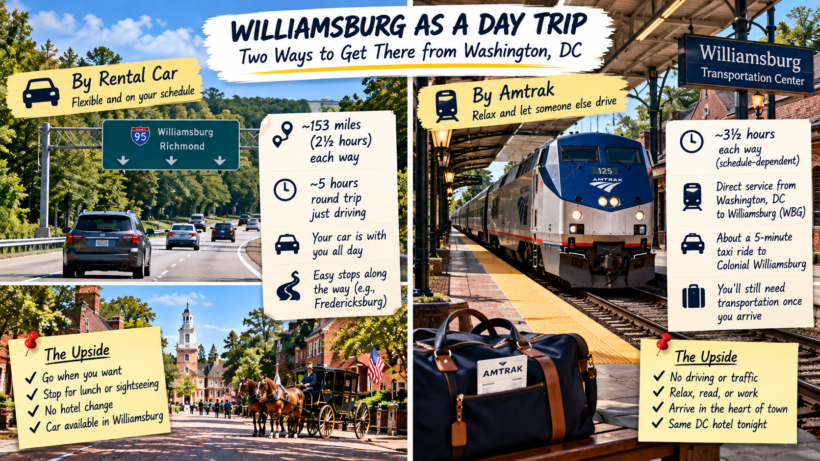 Comparison of a Washington, DC to Williamsburg day trip by rental car and Amtrak, including approximate travel times and transportation considerations.
