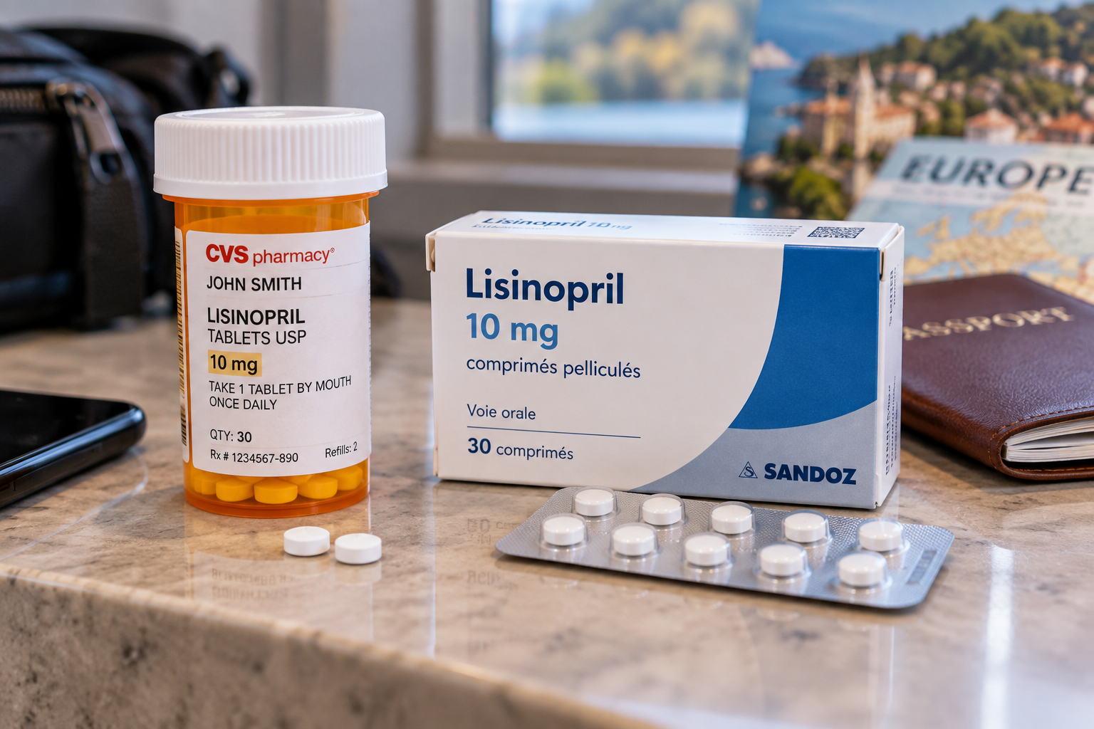 Lisinopril 10 mg shown in a U.S. prescription bottle and European medication packaging, illustrating how the same medicine can look different abroad.