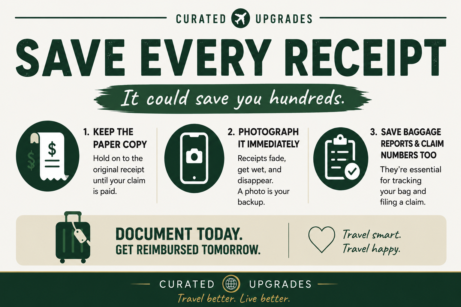 SAVE EVERY RECEIPT.  A graphic detailing three steps to facilitating a lost or delayed baggage claim.