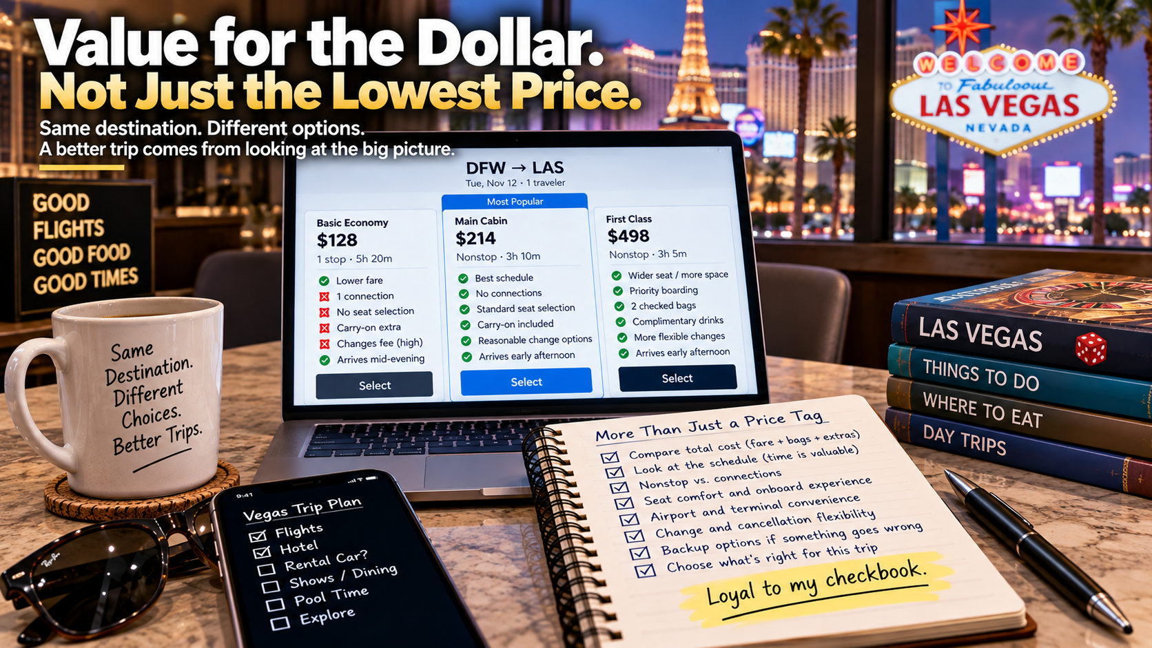 Las Vegas flight-planning graphic comparing airfare with schedule, nonstop routing, comfort, baggage, onboard experience, airport convenience and backup options under the message Value for the Dollar, Not Just the Lowest Price.