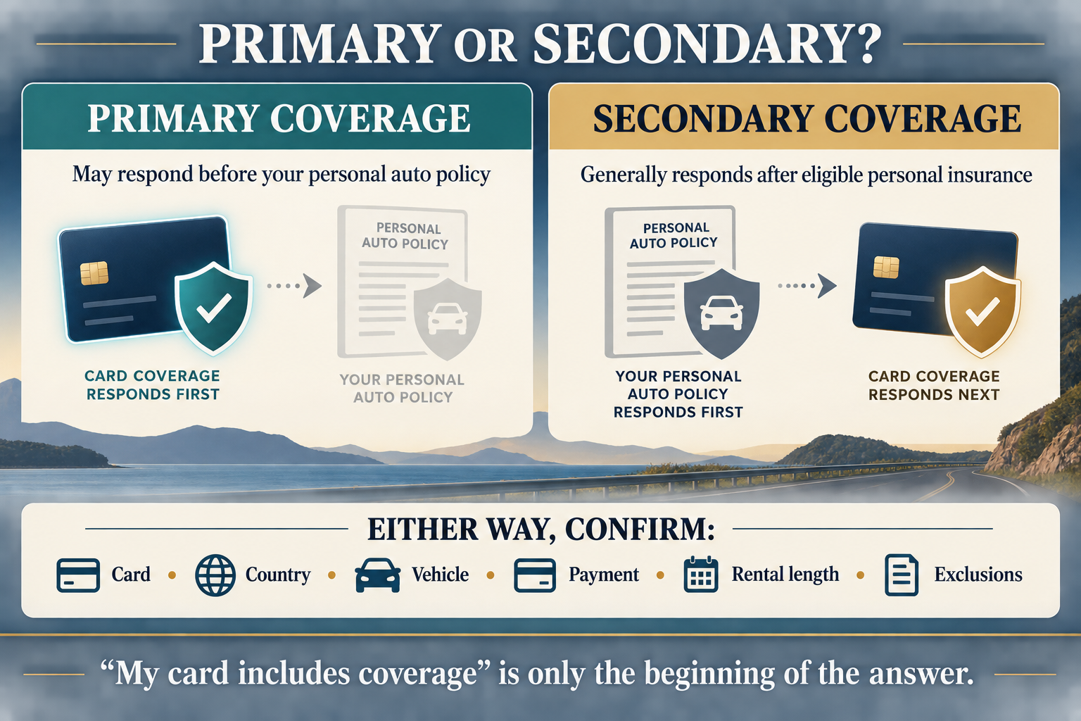 Rental-car insurance graphic explaining that primary credit-card coverage may respond before personal auto insurance while secondary coverage generally responds after other eligible insurance.