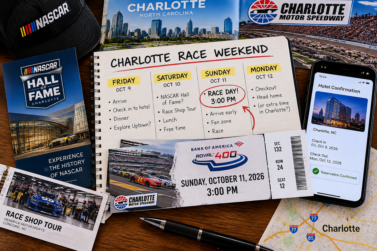 Charlotte NASCAR race weekend planning scene showing a Sunday 3 PM race as the fixed event, with hotel dates, NASCAR Hall of Fame, race shop tour and other weekend plans arranged around it.