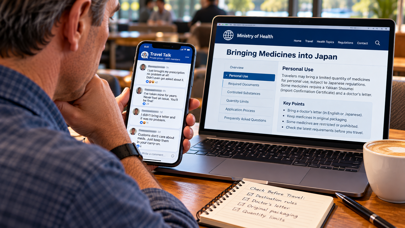 Traveler comparing medication advice from an online travel group with official government information about bringing medication into another country.