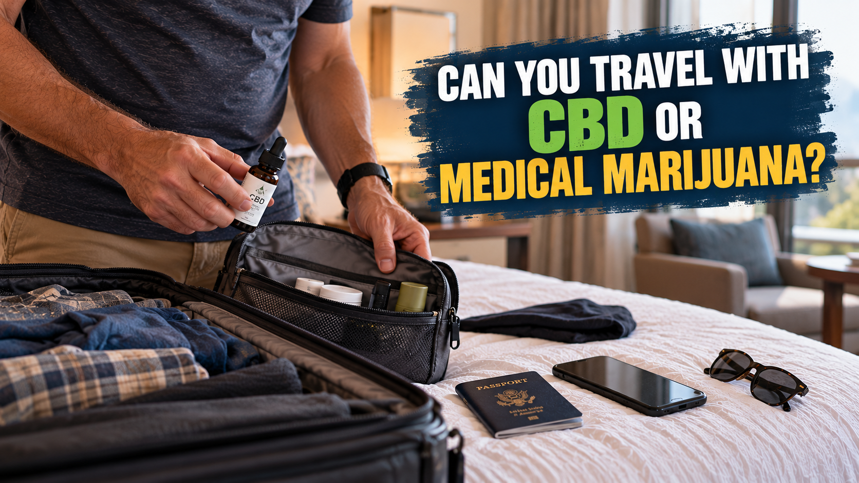 Traveler at home deciding whether to pack a CBD product before leaving on a trip.