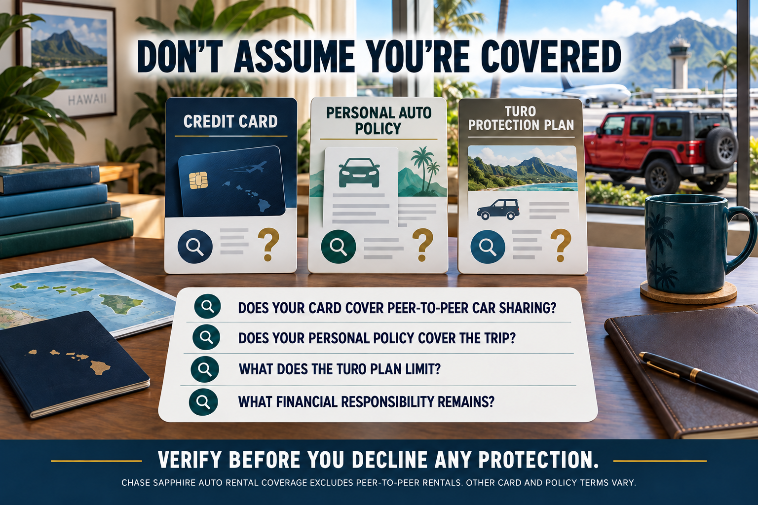 Three potential sources of protection for a peer-to-peer car-sharing trip—a credit card, personal auto policy and Turo protection plan—with questions about coverage and remaining financial responsibility.