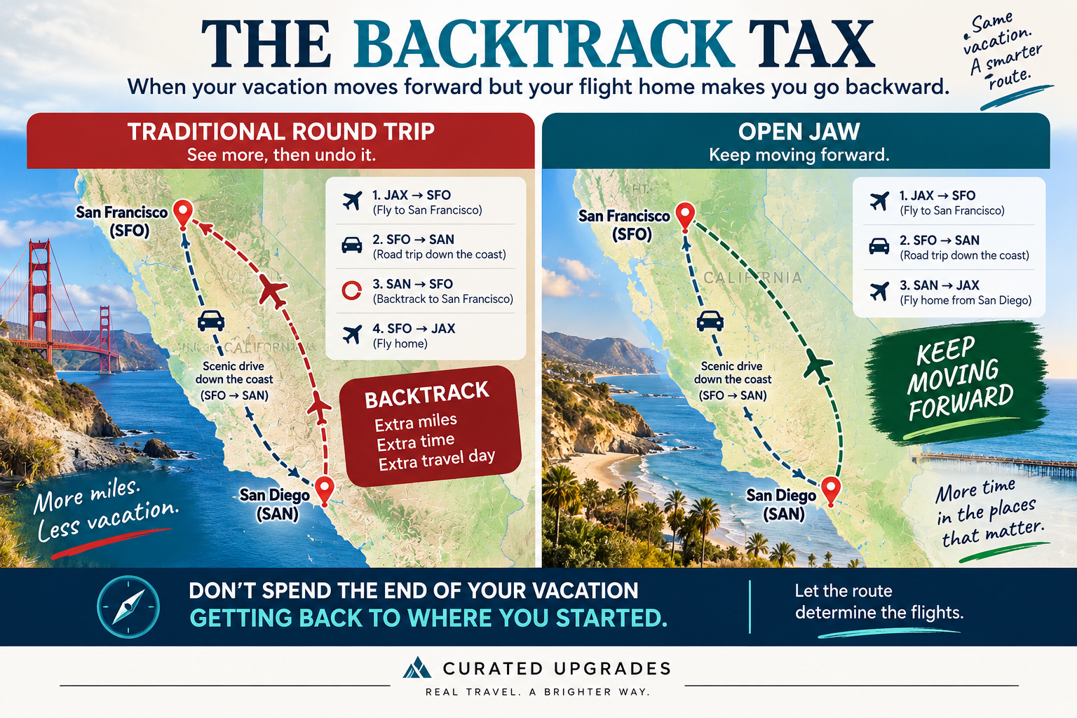 California travel infographic comparing a traditional Jacksonville to San Francisco round trip requiring a return from San Diego to San Francisco with an open-jaw itinerary flying home directly from San Diego.