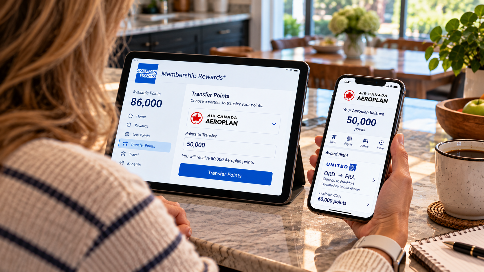 Traveler transferring American Express Membership Rewards points to Air Canada Aeroplan before using Aeroplan to book an airline partner award.