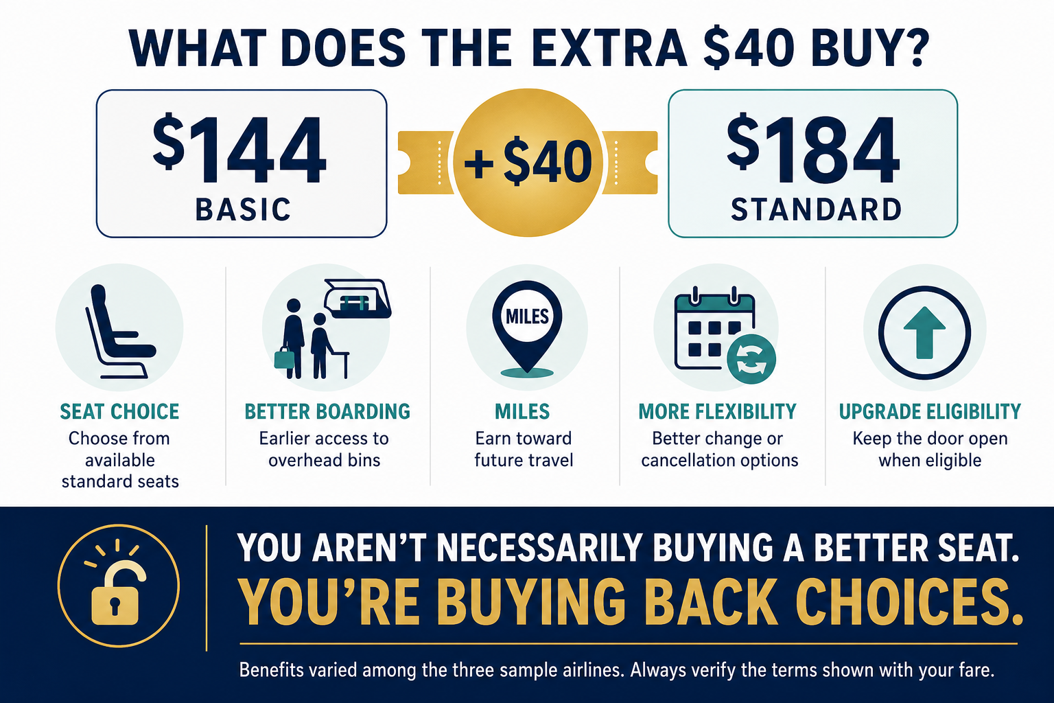 Basic Economy priced at $144 compared with standard economy at $184, illustrating how the additional $40 may buy seat selection, better boarding, mileage earning, flexibility and upgrade eligibility rather than a physically better seat.