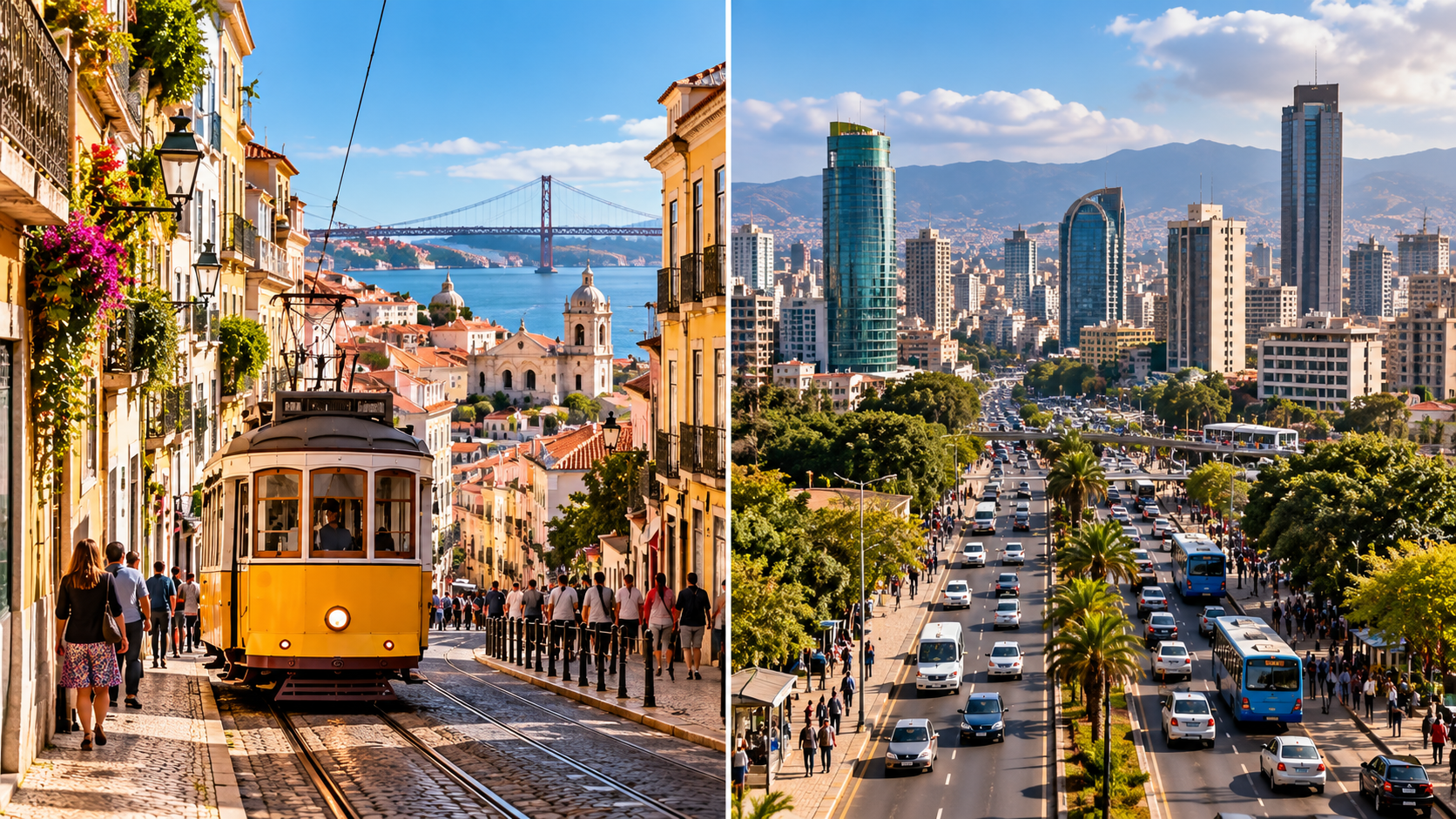 Side-by-side travel scenes showing a yellow tram on a historic Lisbon street in Portugal and a busy modern boulevard in Addis Ababa, Ethiopia, illustrating different international travel destinations.