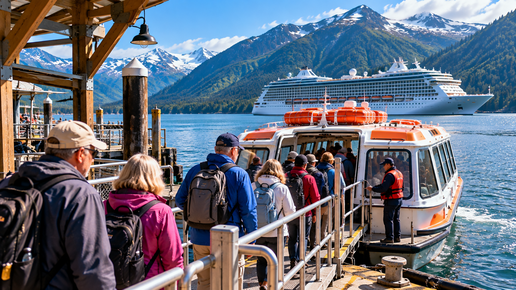 Passengers boarding a tender from an Alaskan harbor dock to return to their cruise ship, with crew assisting and forested mountains in the background.