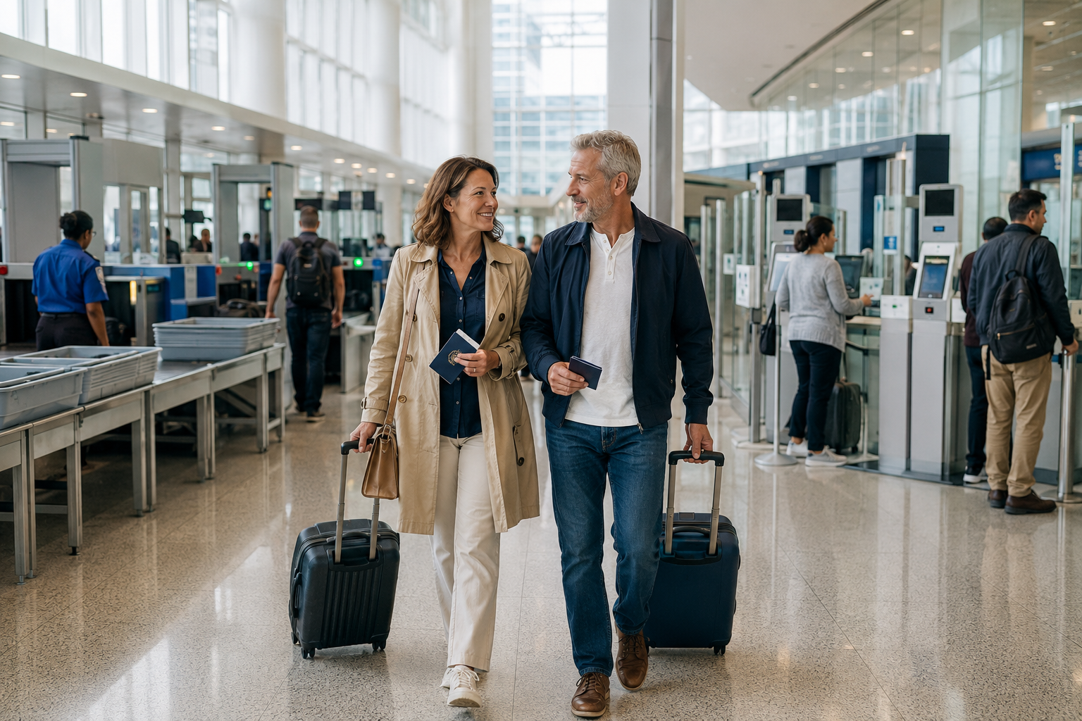 Mature couple carrying passports and rolling suitcases through a modern airport between security screening and international-arrival processing areas.