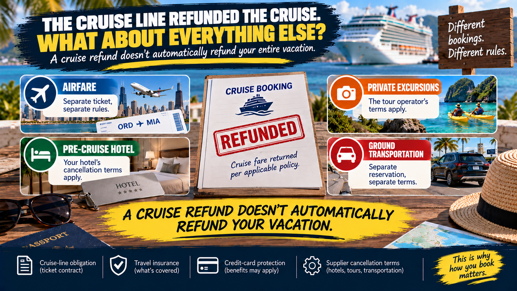 Cruise cancellation infographic showing a refunded cruise surrounded by separately booked airfare, pre-cruise hotel, private excursion and ground transportation reservations.