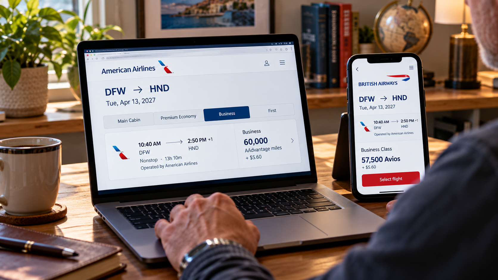 Traveler comparing the same American Airlines business-class award flight through American Airlines and British Airways loyalty programs.