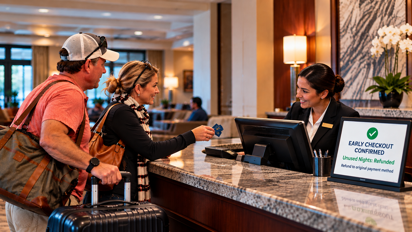 Hotel guests returning their room keys at the front desk while a confirmation shows an early checkout and refund of unused nights.