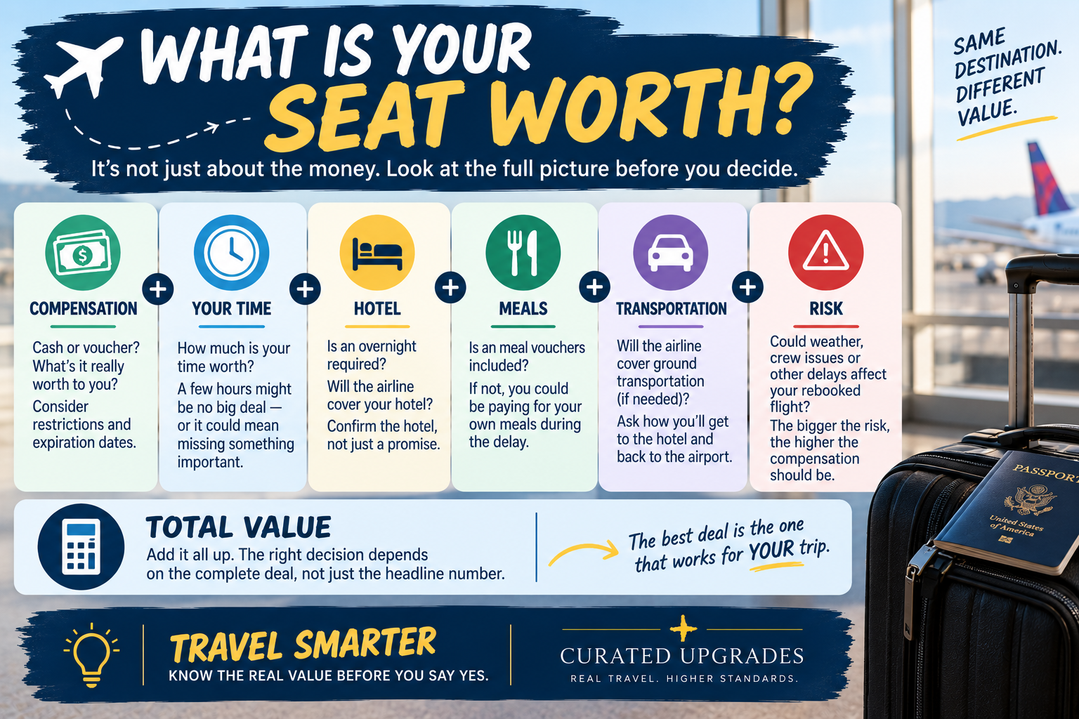 Graphic showing how to evaluate an airline's offer for giving up your seat by considering compensation, your time, hotel, meals, transportation and the risk of further travel disruption.