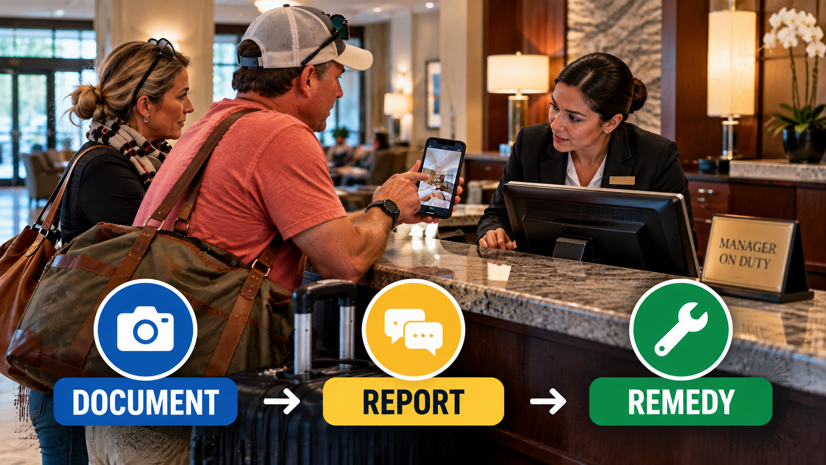 Hotel guests showing photographs of a room problem to a manager at the front desk, illustrating the steps document, report and remedy.