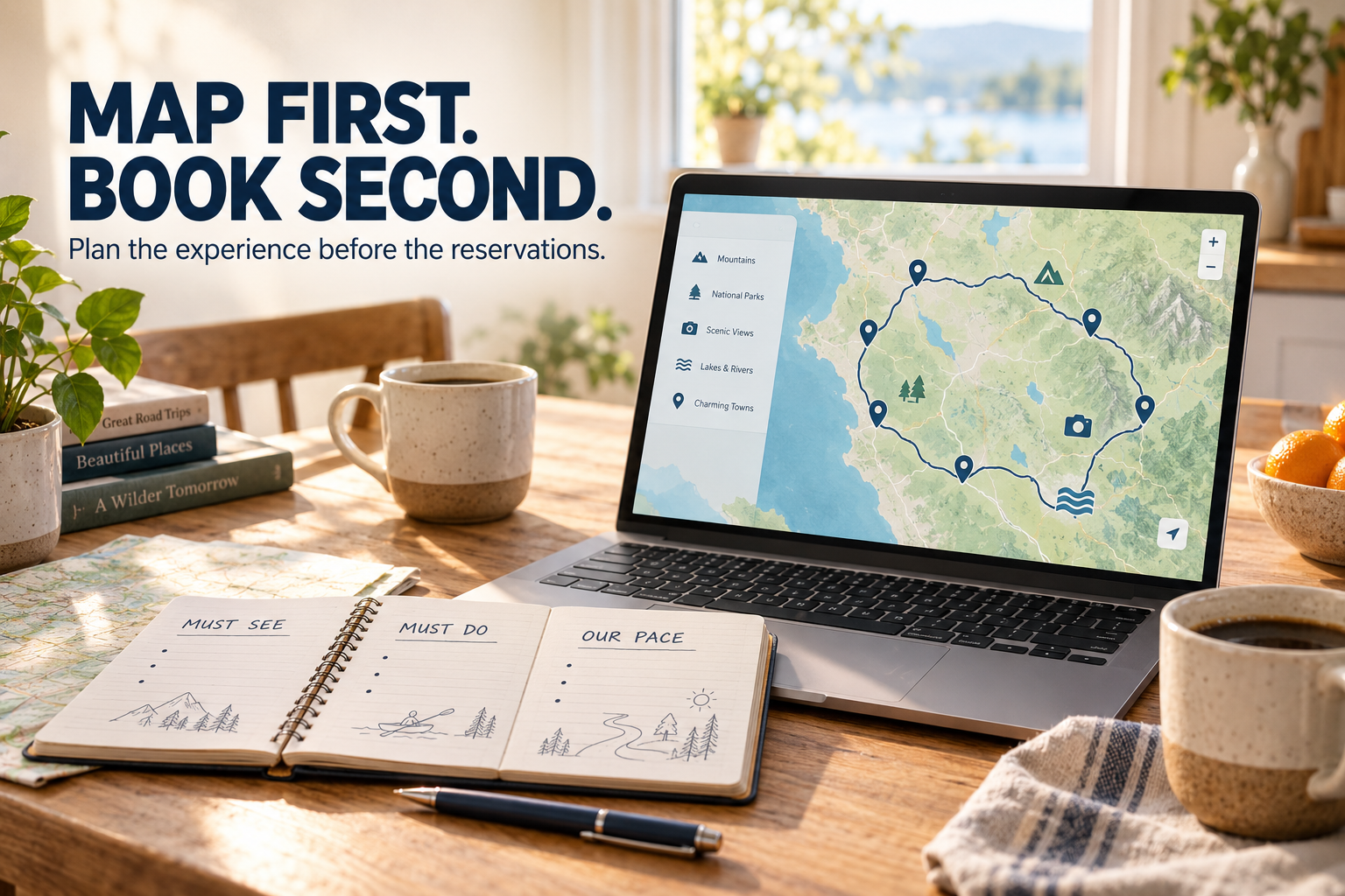 Laptop displaying a circular travel route beside a notebook listing must-see places, must-do experiences and preferred pace, illustrating planning the journey before making reservations.